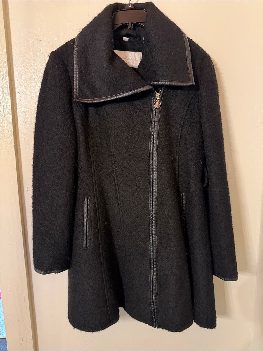 Jessica Simpson Black Wool-Blend Asymmetrical Zip Pea Coat